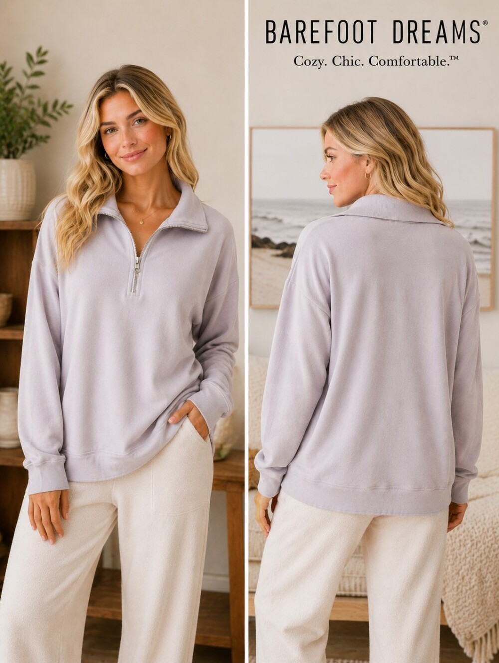 Barefoot Dreams CozyChic Quarter Zip Lavender Gray Relaxed Sweatshirt Size M